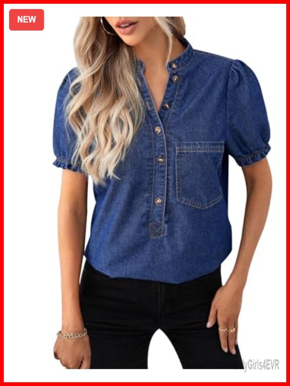 Womens Denim Shirt Button Down V Neck Puff Short Sleeve Summer Jean Top
